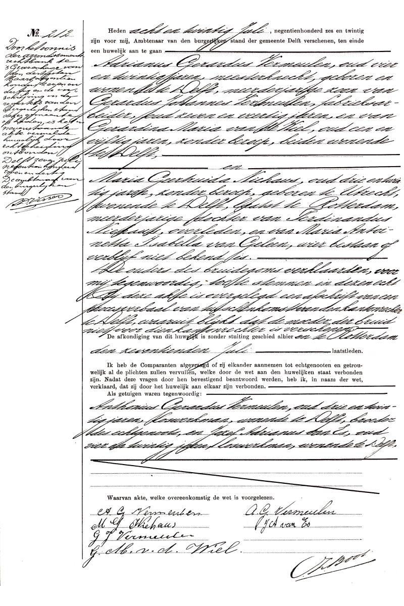 19260728 huw akte Adrianus G Vermeulen - Maria G Niehaus